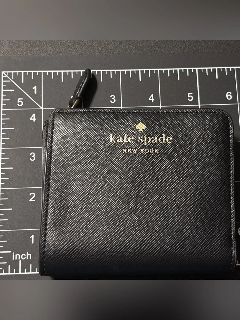 kate‎ spade black zip card wallet gold logo damage noted-id slot See PHOTOS